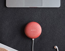 Peach Colour Google Smart Speaker and A Laptop