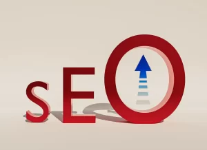 Red SEO text with one arrow pointing upwards